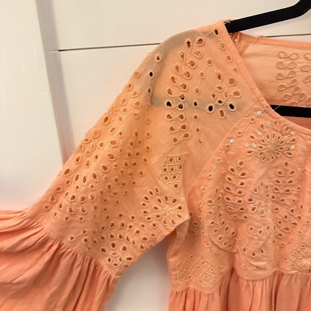 FREE PEOPLE XS Peach paisley cutout viscose cotton woman babydoll blouse boho - Picture 5 of 14